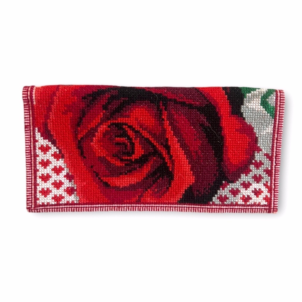 Vintage Handmade Rose Cross Stitch Bifold Flowers Long Wallet